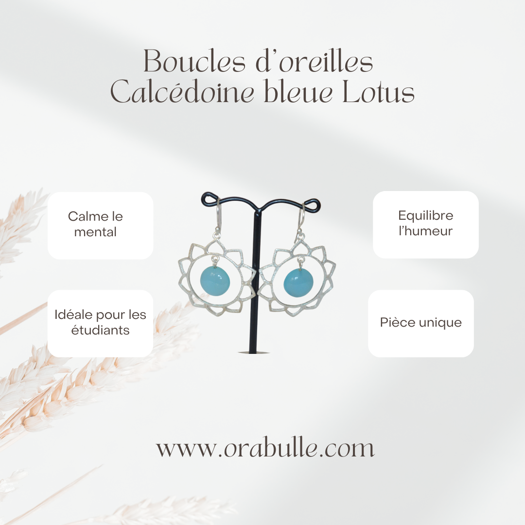 boucles d'oreilles en forme de lotus avec calcédoine bleue