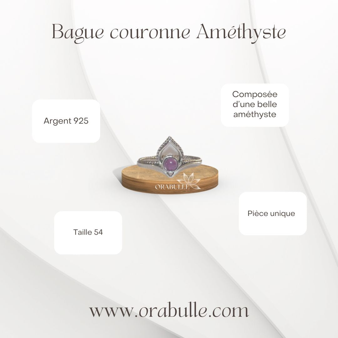 Bague couronne d'Améthyste en exemplaire unique, une vrai bague de princesse, argent 925, taille 54