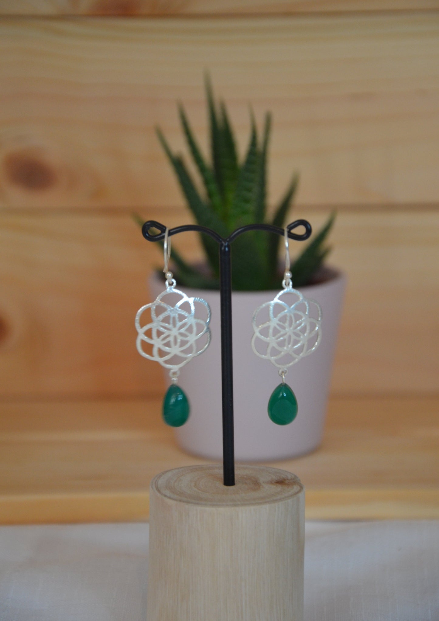 Boucles d'oreilles Onyx vert et fleur de vie