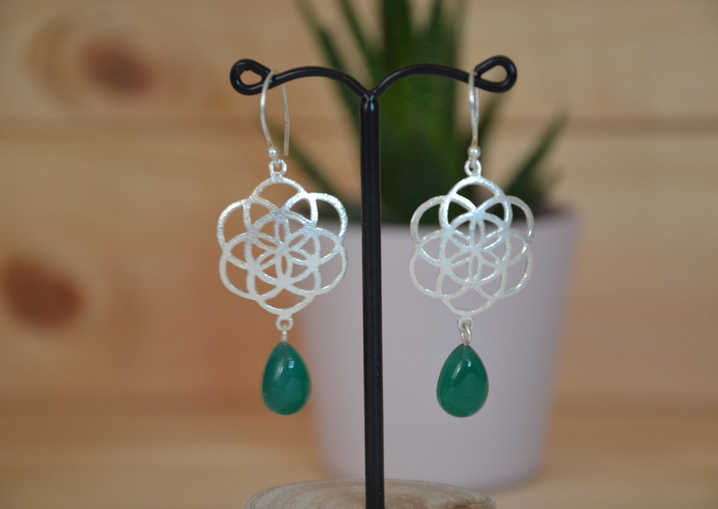Boucles d'oreilles Onyx vert et fleur de vie