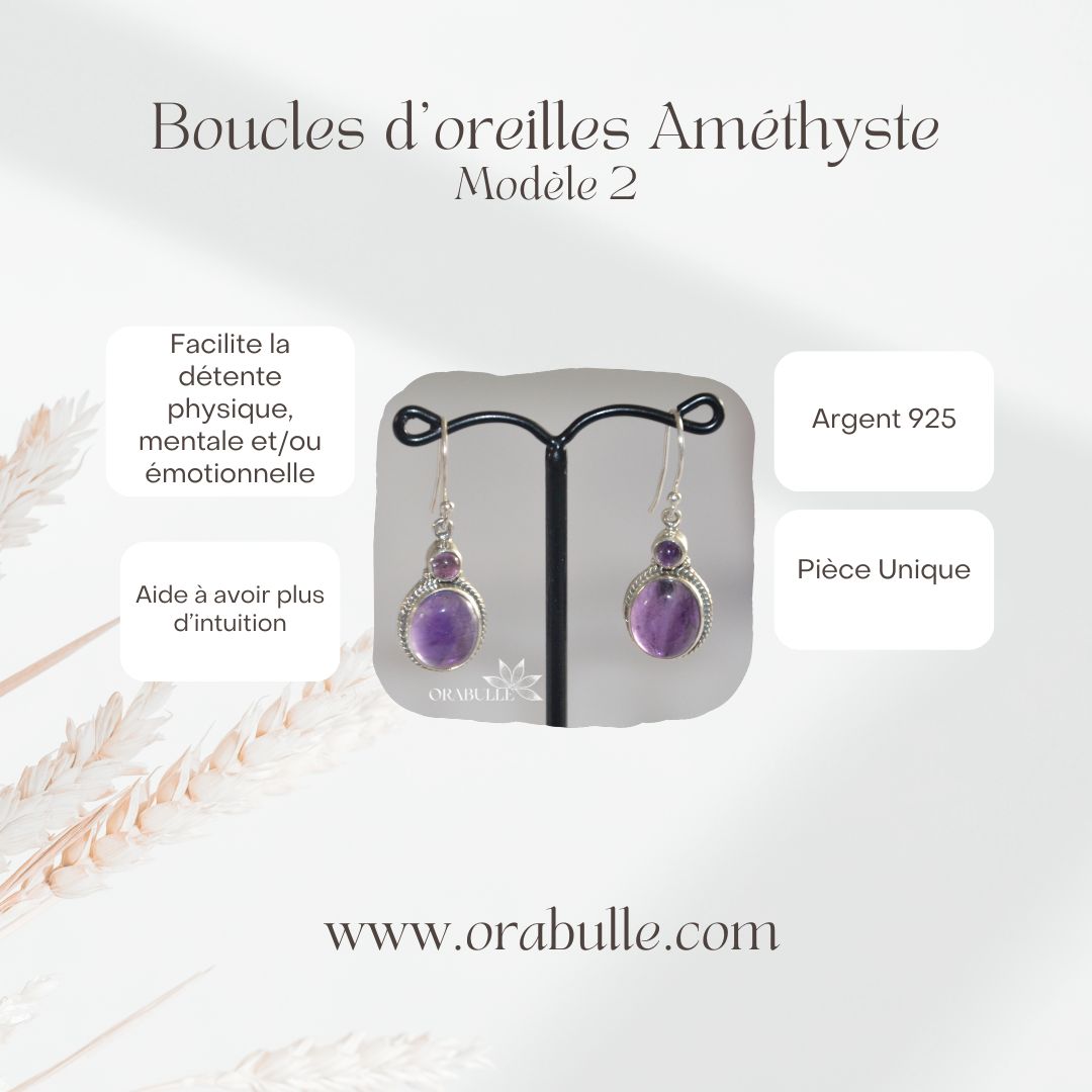 Boucles d'oreilles en Argent 925 avec deux pierres d'amethystes par boucles