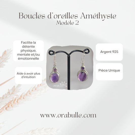 Boucles d'oreilles en Argent 925 avec deux pierres d'amethystes par boucles