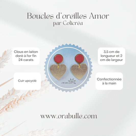 Boucles d'oreilles Amor en forme de coeur dorée avec un rond rose, créées par Colicréa