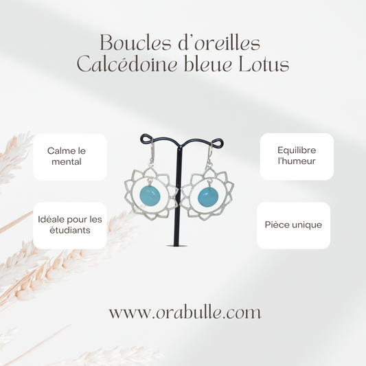 boucles d'oreilles en forme de lotus avec calcédoine bleue