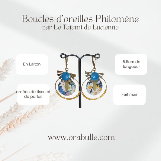 Boucles d'oreilles Philomène - La Tatami de Lucienne - En laiton ornées de pierre et de tissu - Orabulle