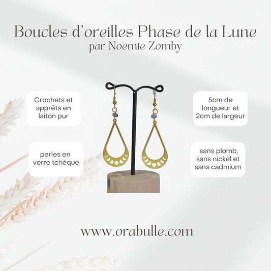 Boucles d'oreilles phase de la Lune par Noémie Zomby - crochets et apprêts en laiton pur, perles en verre tchèque - sans plomb, sans nickel et sans cadmium - Orabulle