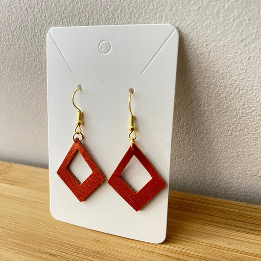 boucles d'oreilles en simili cuir, forme losange, couleur terracotta