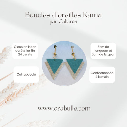 boucles d'oreilles Kama créées par Colicréa, en cuir upcyclé, créatrice française, vendues chez Orabulle