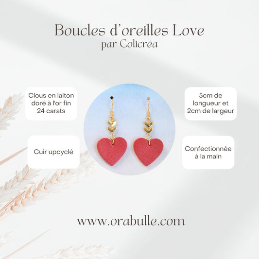 boucles d'oreilles modèle Love créée par la créatrice française Colicréa. En cuir upcyclé et en laiton doré à l'or fin. Orabulle