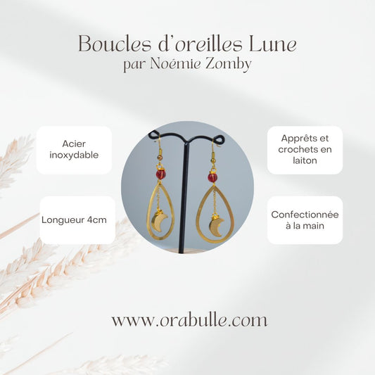 boucles d'oreilles Lune créées par Noémie Zomby, en acier inoxydable, apprêts et crochets en laiton, longueur 4cm, Orabulle