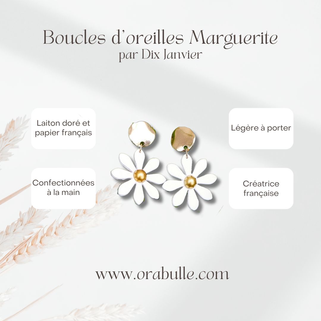 Boucles d'oreilles marguerites créées par Dix Janvier, créatrice française, vendue par Orabulle