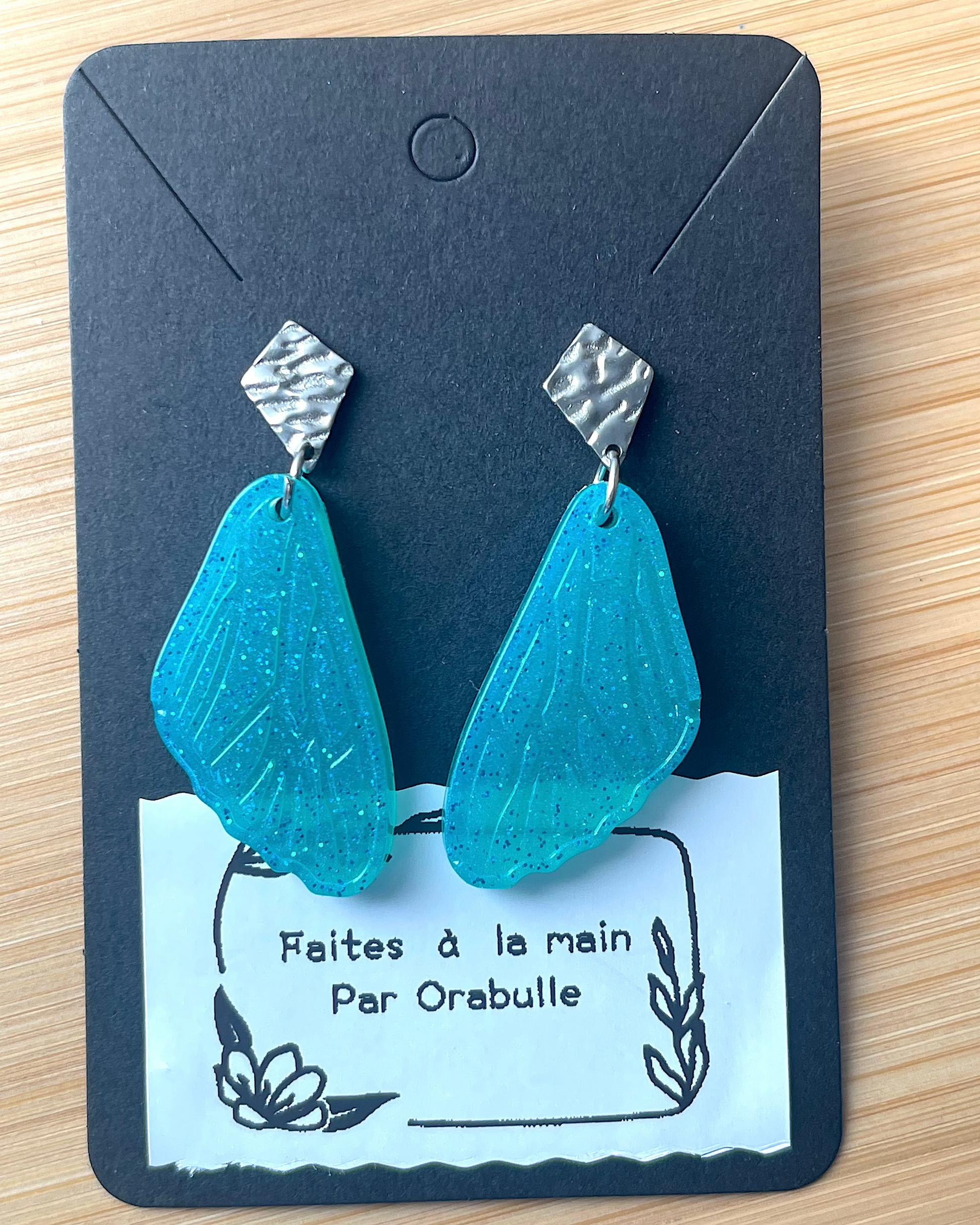 boucles d'oreilles résine ailes de fées bleues tursquoises