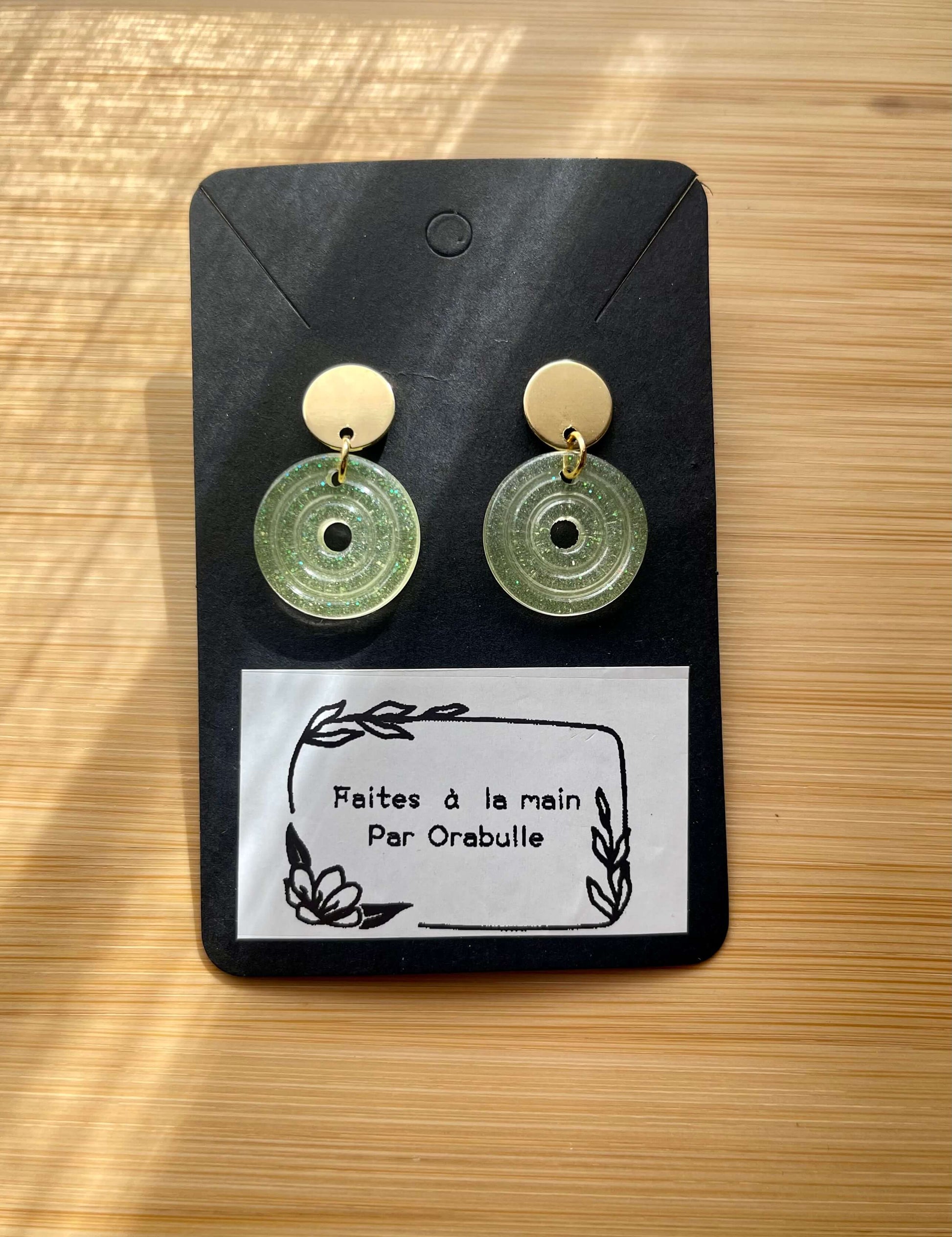 boucles d'oreilles resine ronde jaune pailletee