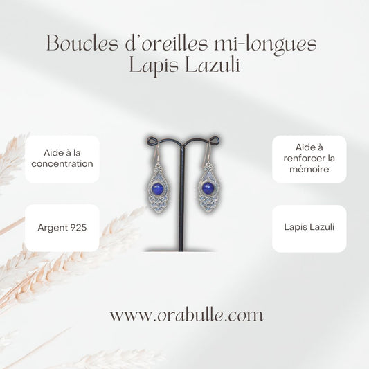 boucles d'oreilles mi-longues en argent 925, avec pierre fine en lapis lazuli, Orabulle